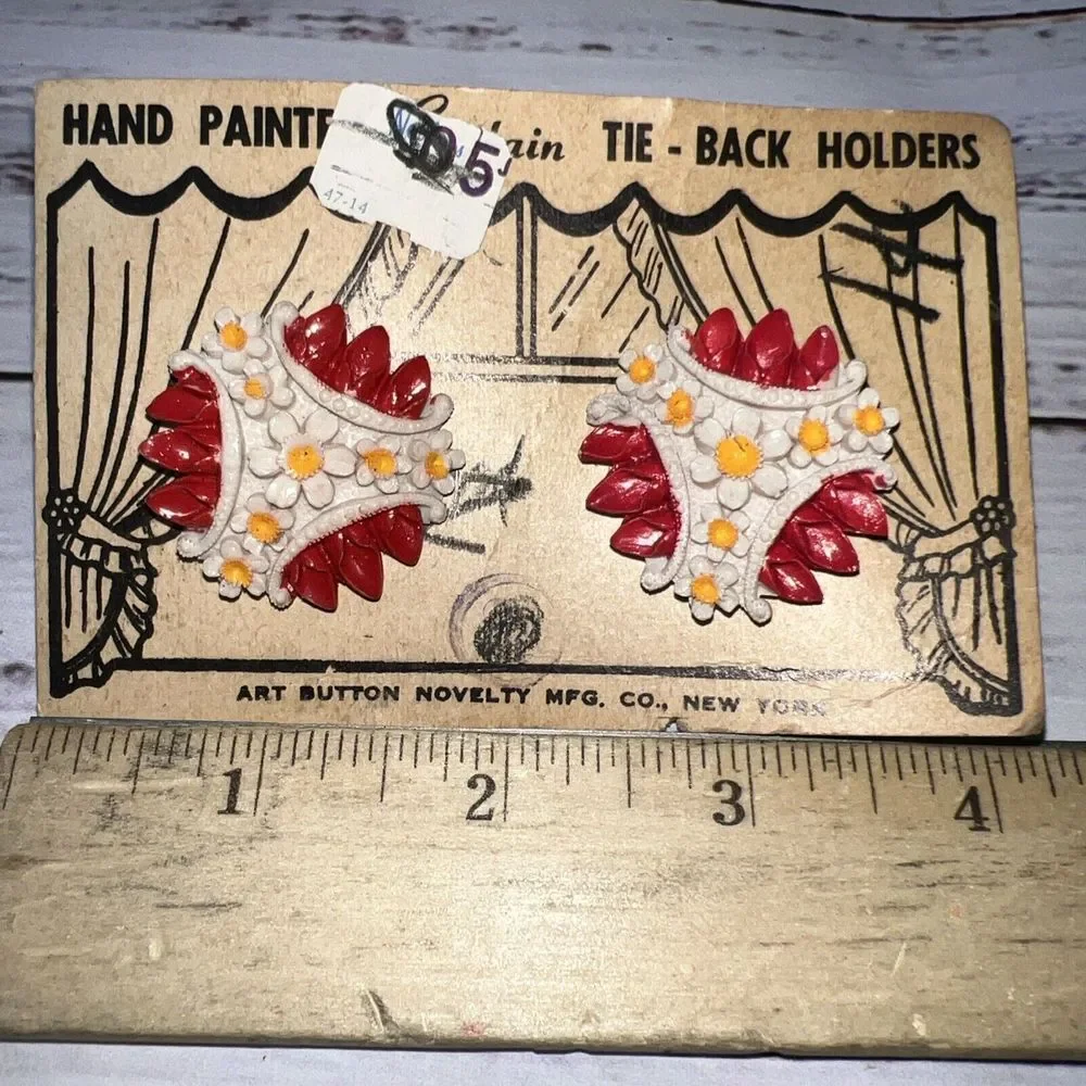 Vintage Flower Curtain Tie-Back Holders Set Of 2 Art Button Novelty Co w/‎ Card!